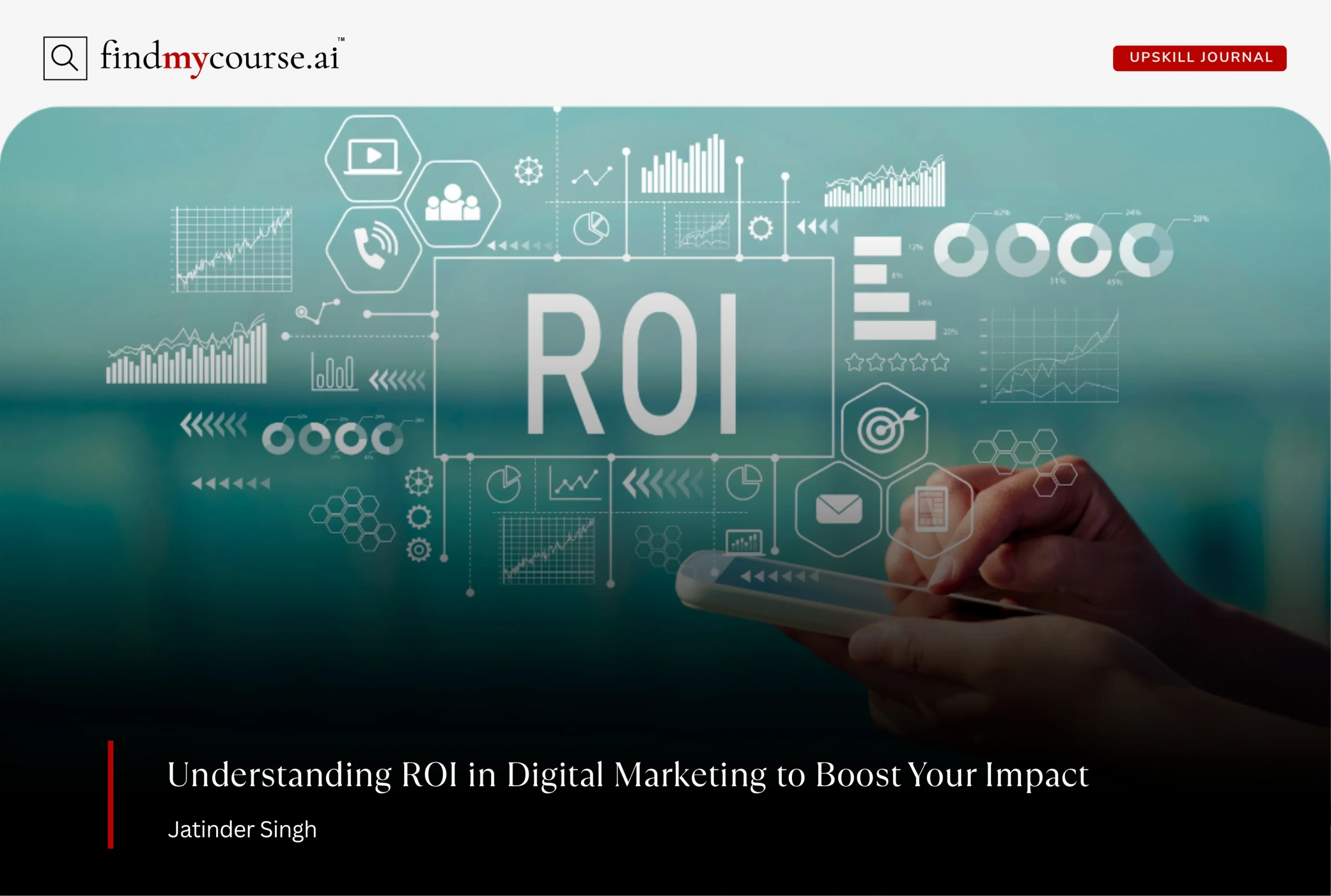 Visual showing a smartphone and data symbols highlighting ROI in digital marketing — Findmycourse.ai