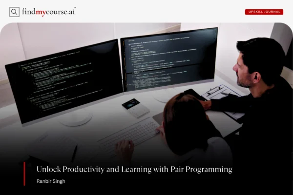 What is Pair Programming and How It Boosts Productivity Two developers working on a code, representing pair programming — Findmycourse.ai