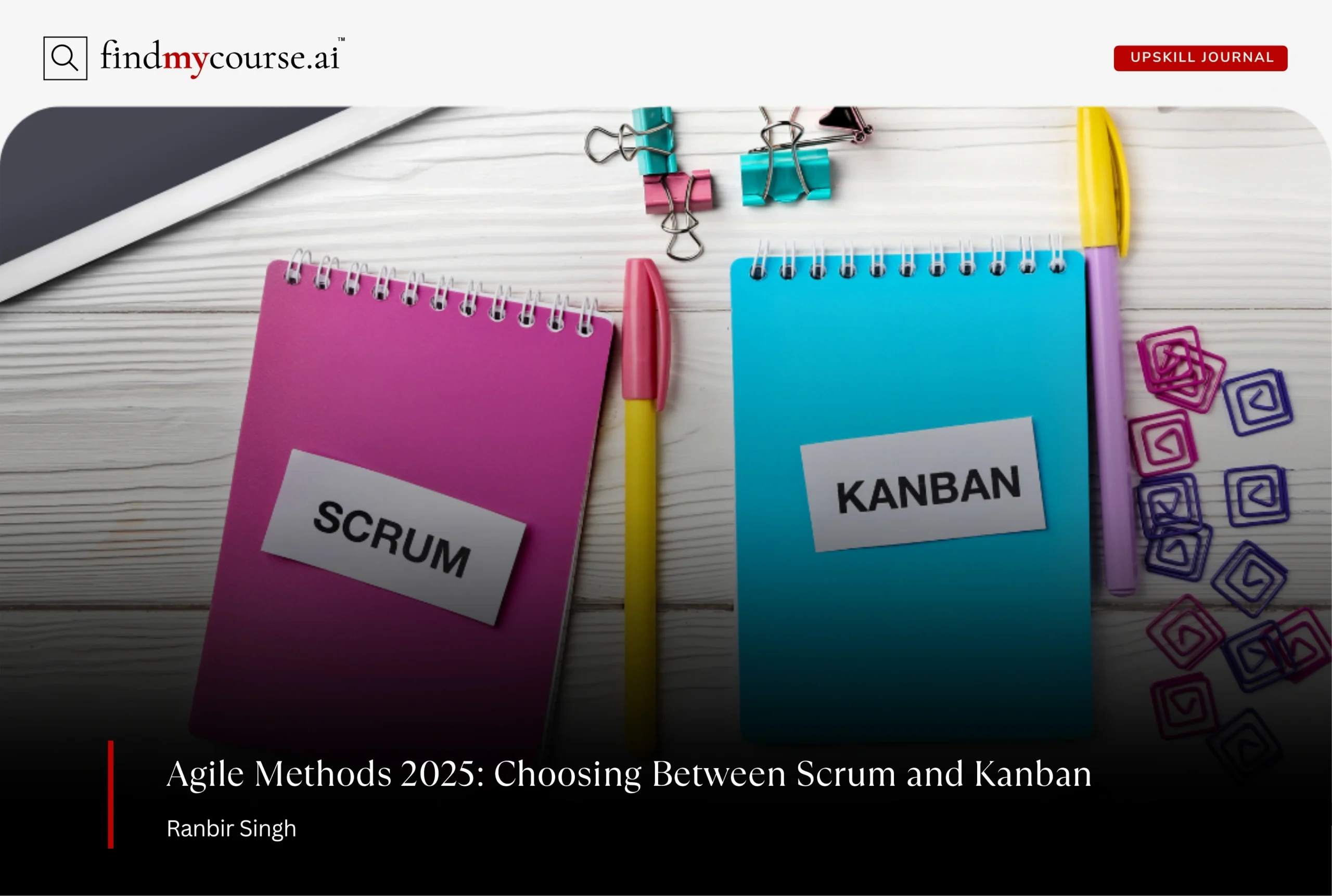 Visual of notebooks titled Scrum and Kanban depicting agile methods comparison — Findmycourse.ai