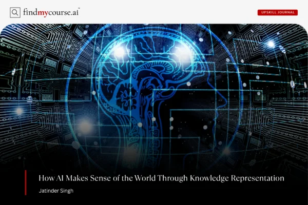 Digital illustration of knowledge representation in AI shown with circuits and brain — Findmycourse.ai