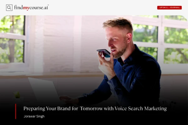 The Future of Voice Search Marketing: What to Expect in 2025 and Beyond Person doing a voice search on phone representing voice search marketing — Findmycourse.ai