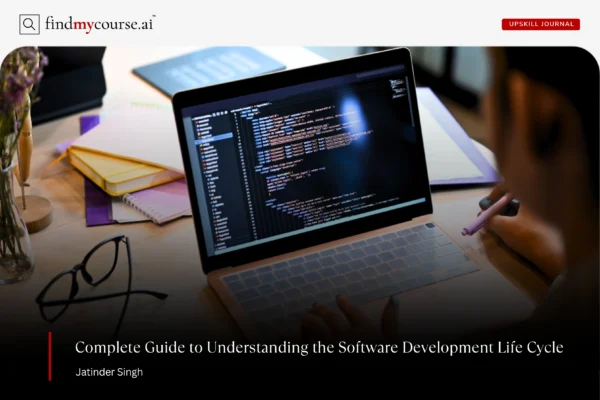 A developer writing code on a laptop highlighting software development life cycle — Findmycourse.ai