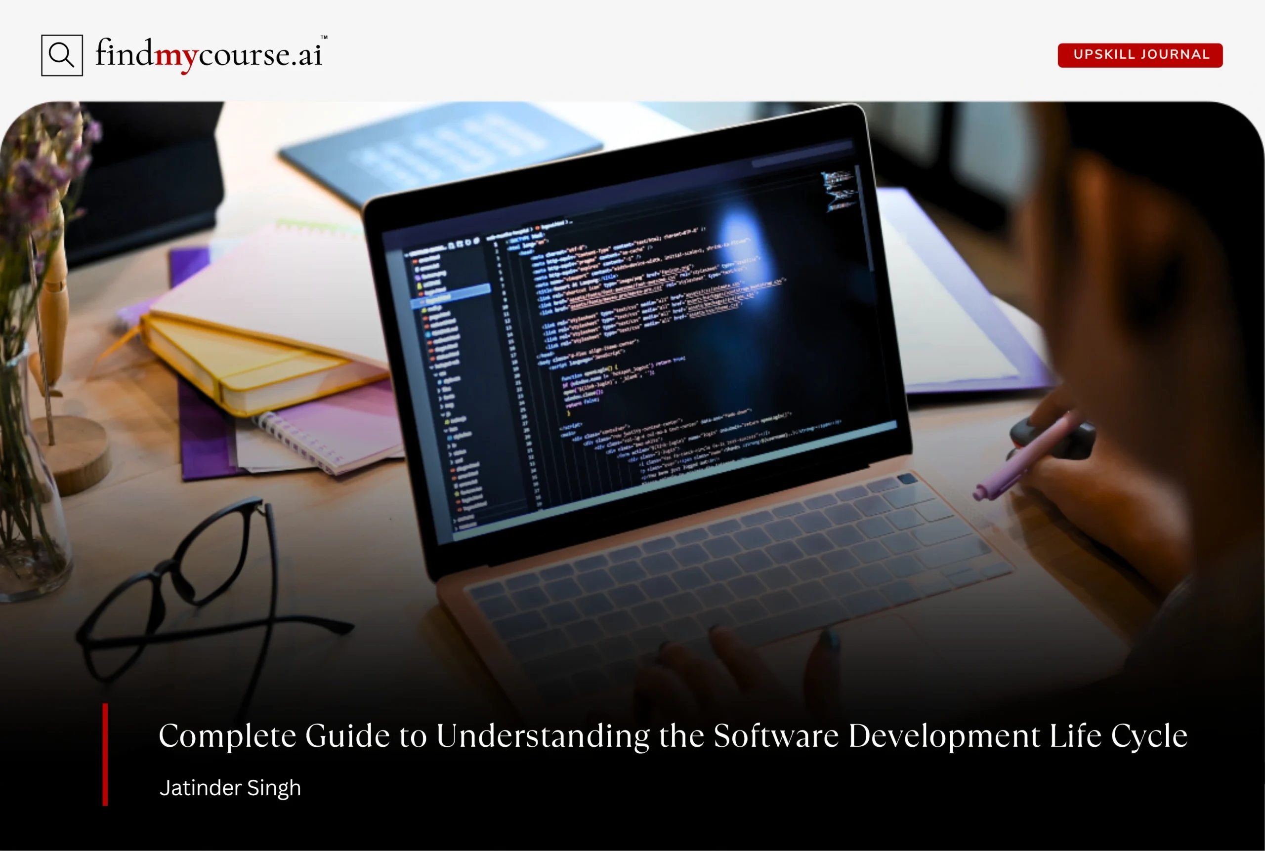 A developer writing code on a laptop highlighting software development life cycle — Findmycourse.ai