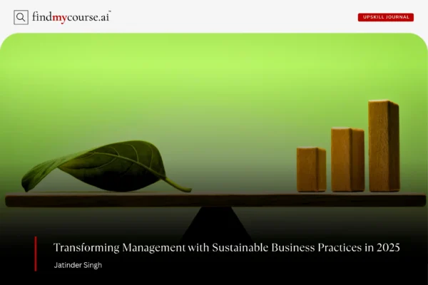 A leaf and growth graph placed on a balance depicting sustainable business practices — Findmycourse.ai
