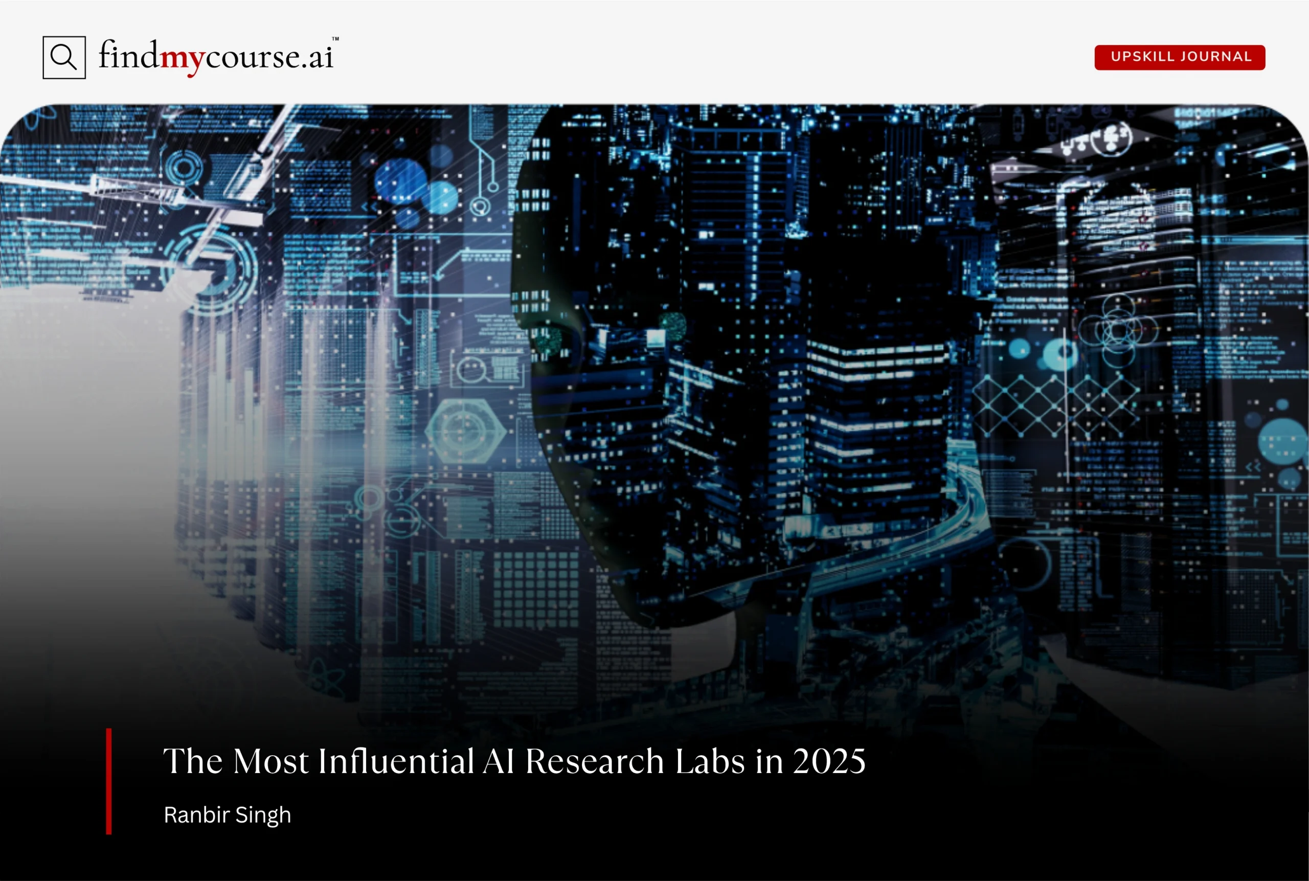 Digital visual with data centers and human mind, representing AI research labs — Findmycourse.ai