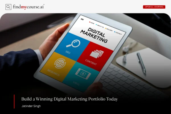 Person holding a tablet computer showing a digital marketing portfolio — Findmycourse.ai