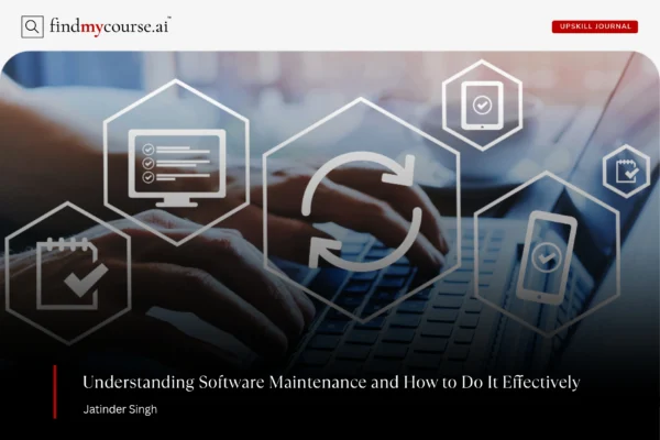 Digital visual with laptop and coding symbols representing software maintenance — Findmycourse.ai