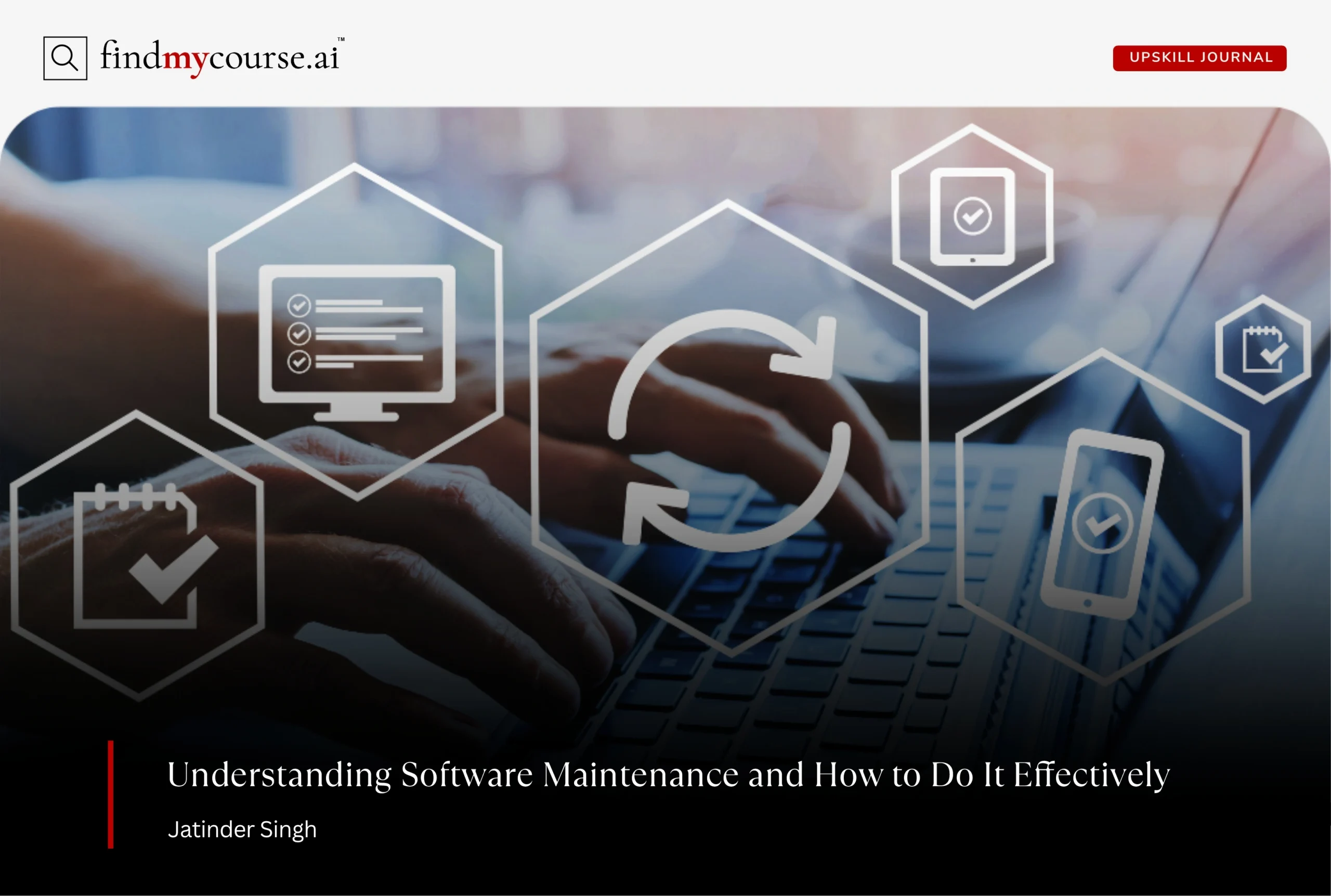 Digital visual with laptop and coding symbols representing software maintenance — Findmycourse.ai