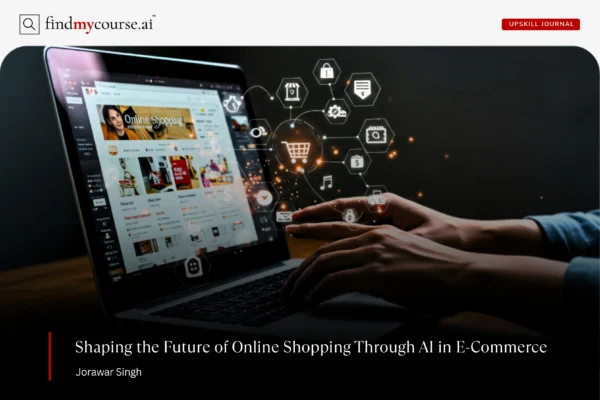 AI in E-commerce: From Personalization to Logistics and Beyond Person shopping online on laptop with AI symbols in front depicting AI in E-Commerce — Findmycourse.ai