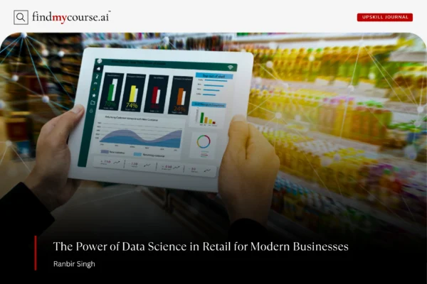 How Data Science Is Transforming Retail Tablet with retail information and shelves in background denoting data science in retail — Findmycourse.ai