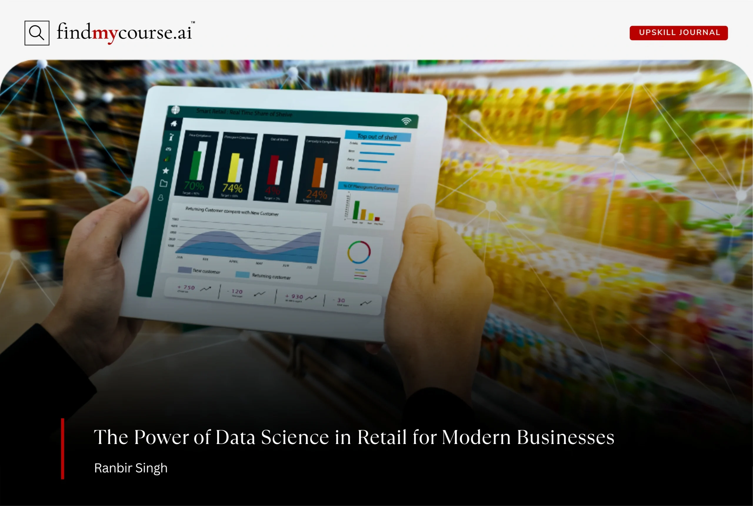 Tablet with retail information and shelves in background denoting data science in retail — Findmycourse.ai