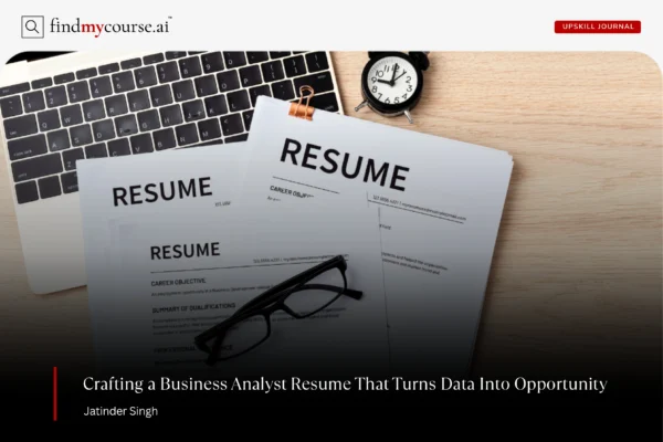 Desk with laptop and clock with some resumes depicting business analyst resume guide — Findmycourse.ai