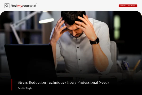 Mindfulness Techniques to Reduce Stress: A Professional’s Guide to Success Stressed professional sitting on a desk depicting stress reduction techniques — Findmycourse.ai