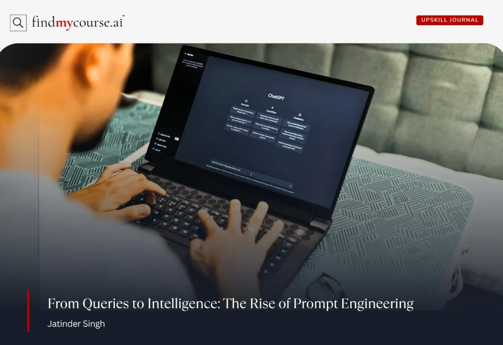 Man using an AI assistant on laptop representing prompt engineering — Findmycourse.ai