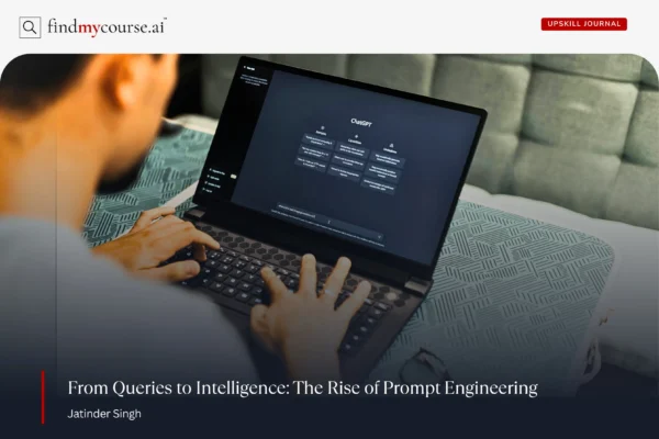 Man using an AI assistant on laptop representing prompt engineering — Findmycourse.ai
