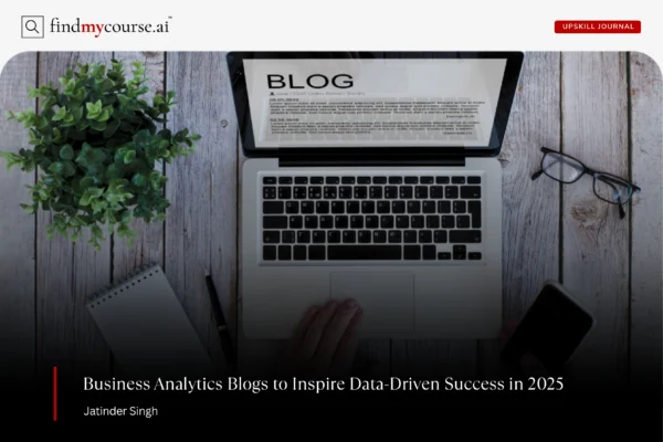 A person reading a blog on laptop highlighting top business analytics blogs — Findmycourse.ai