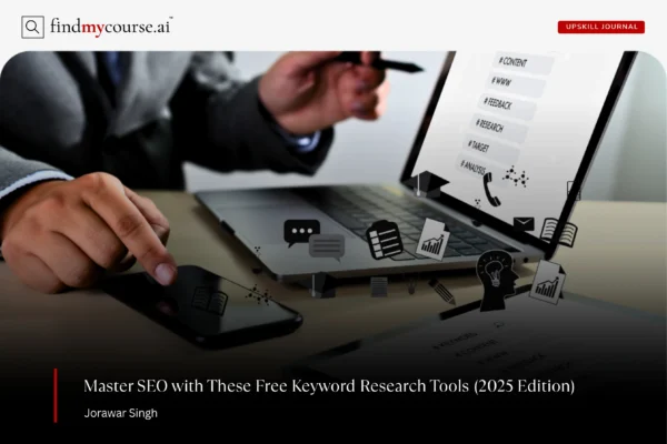 Person surfing internet for keywords using free keyword research tools — Findmycourse.ai