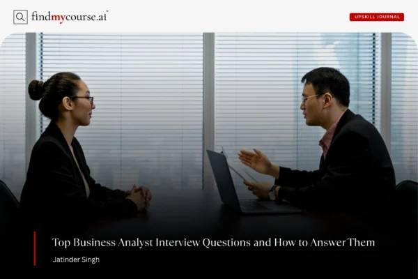A candidate and recruiter in an interview setting representing business analyst interview questions — Findmycourse.ai