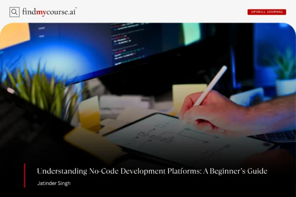Person using a touchpad to build an app denoting no-code development platforms — Findmycourse.ai