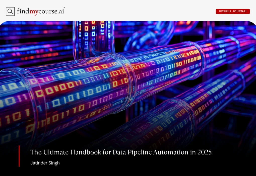 Digital visual showing binary data moving in pipes highlighting data pipeline automation — Findmycourse.ai