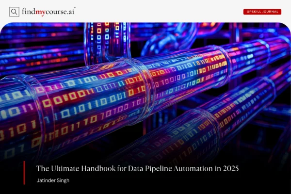 Digital visual showing binary data moving in pipes highlighting data pipeline automation — Findmycourse.ai