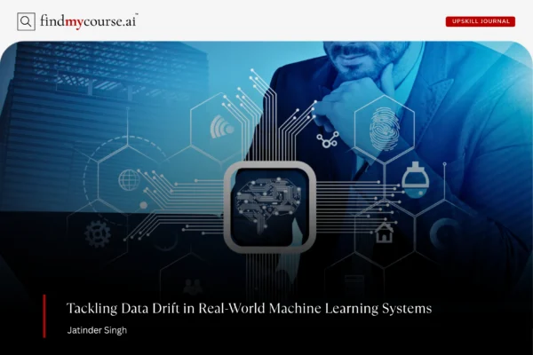 Digital illustration with data icons and person denoting data drift in machine learning — Findmycourse.ai