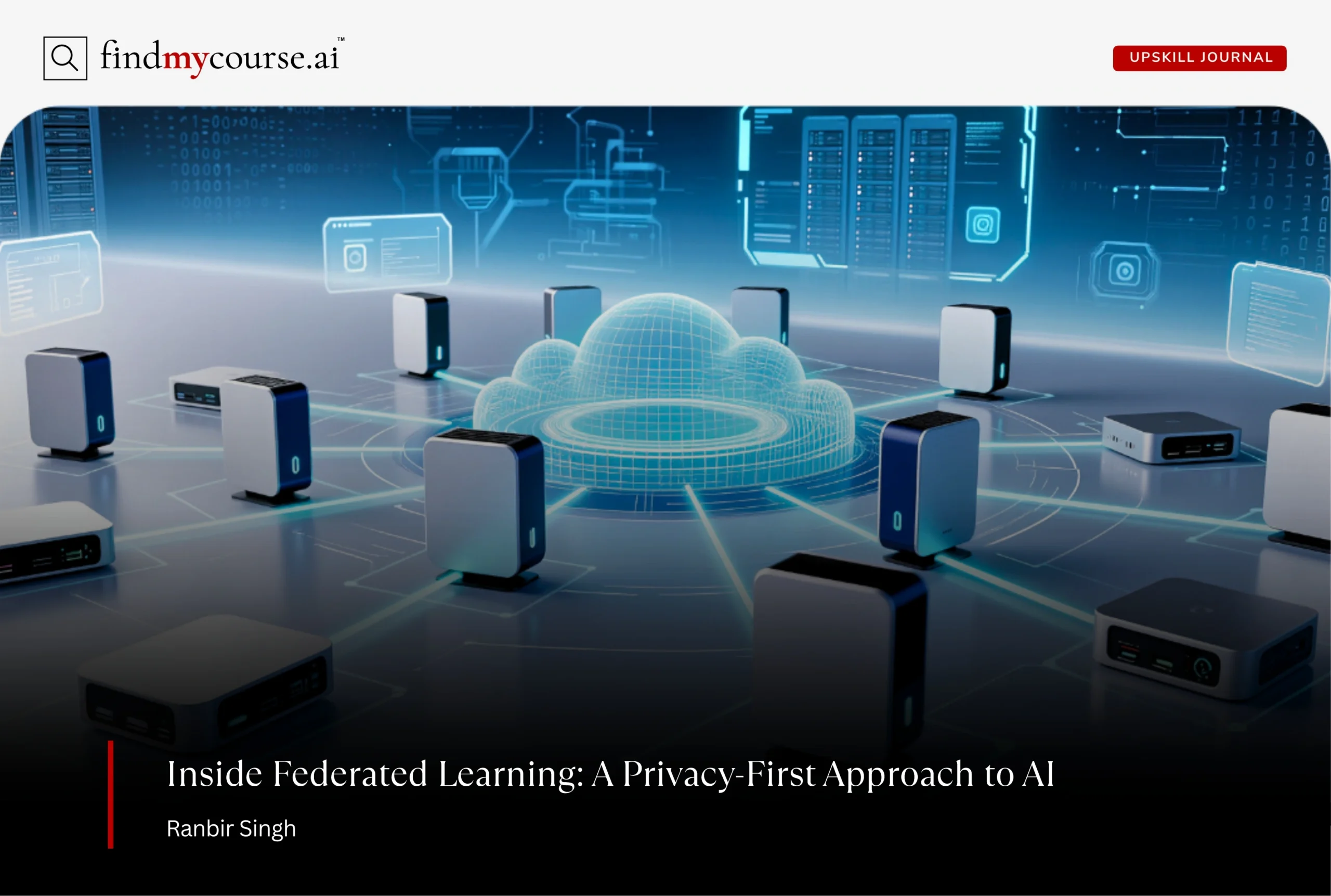 Connected devices in the cloud depicting federated learning in AI — Findmycourse.ai