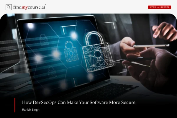 Digital illustration of secure software on laptop denoting DevSecOps guide — Findmycourse.ai