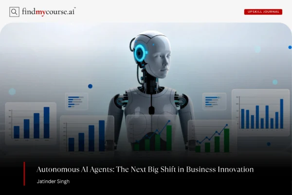 AI Assistant analyzing data graphs representing autonomous AI Agents in business — Findmycourse.ai