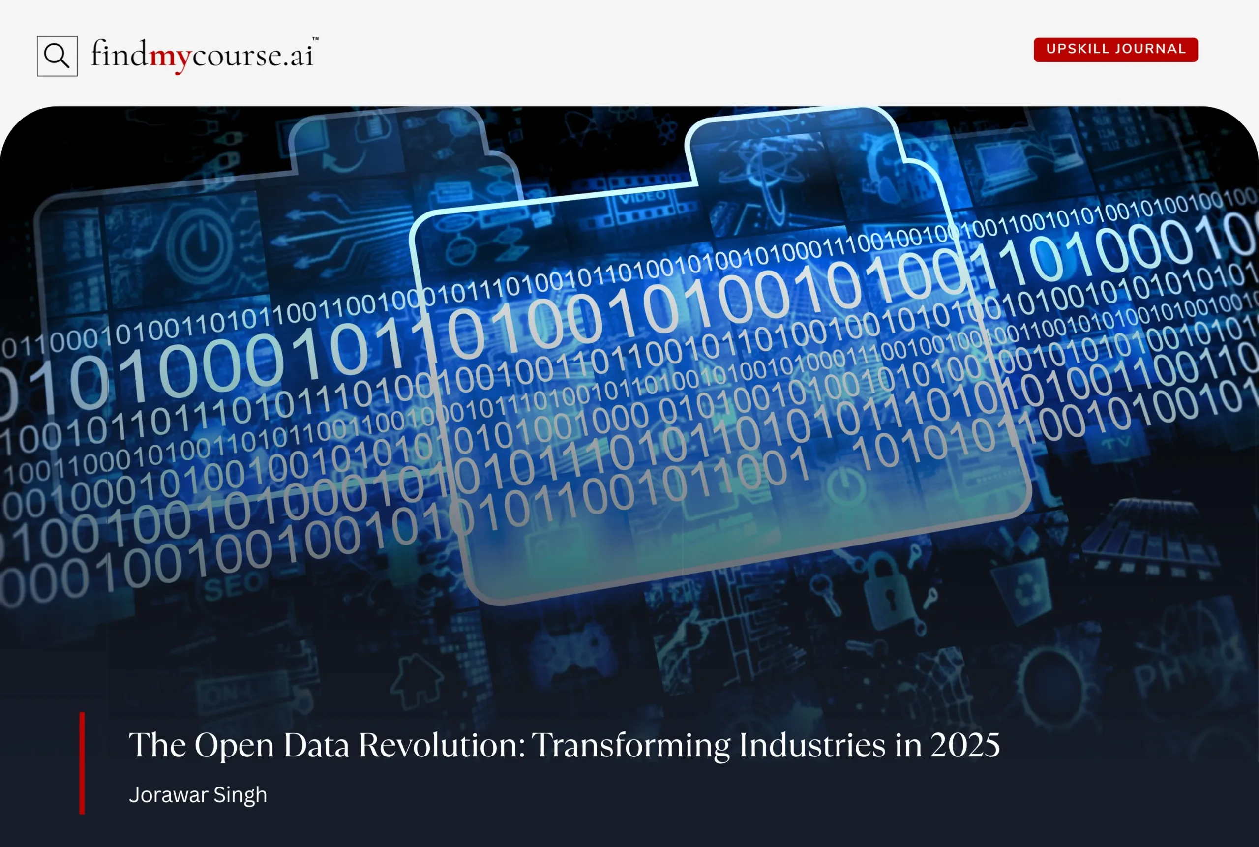 Digital illustration of a database with binary code and icons denoting open data — Findmycourse.ai