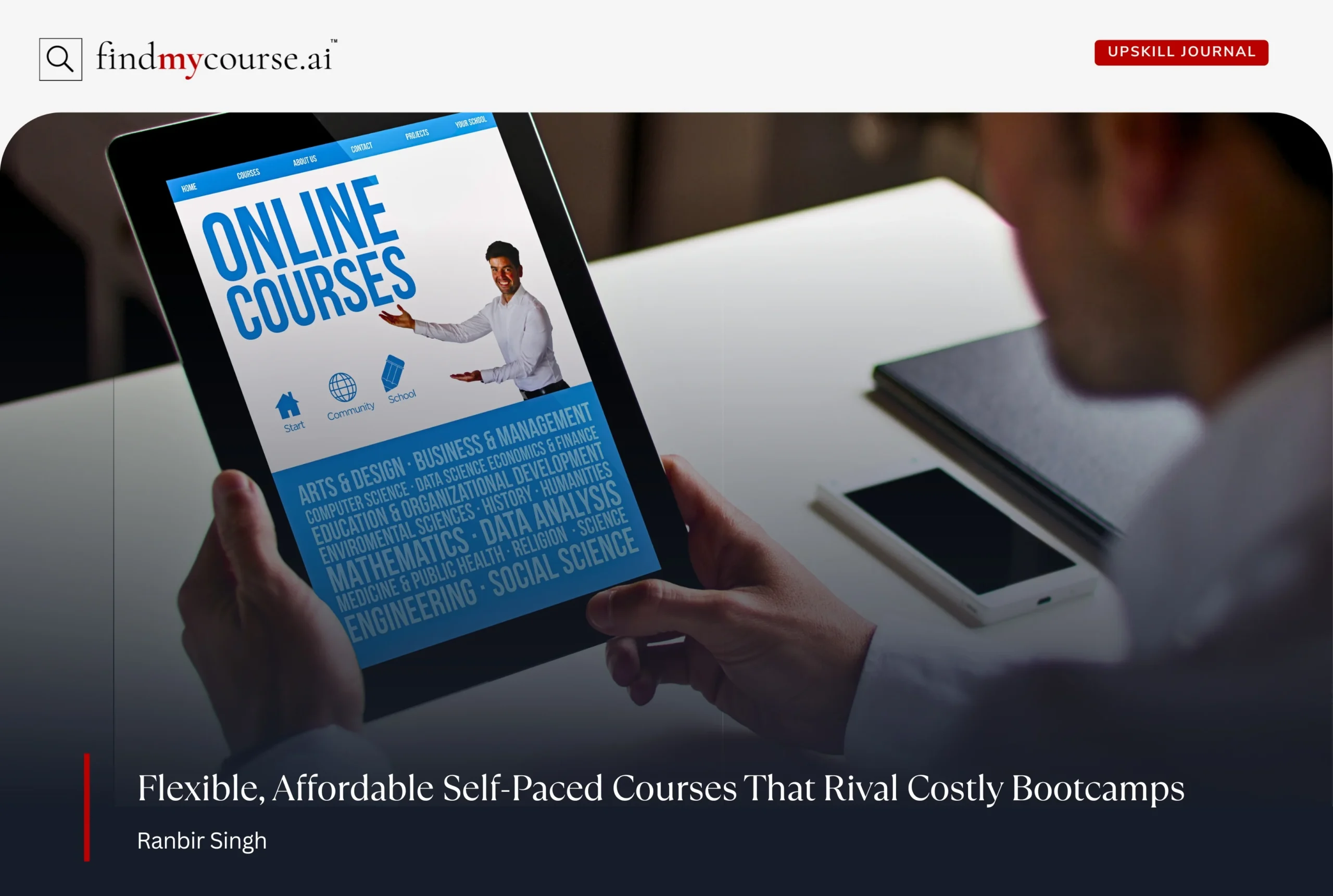 A person checking online courses on a tab highlighting self paced tech courses — Findmycourse.ai