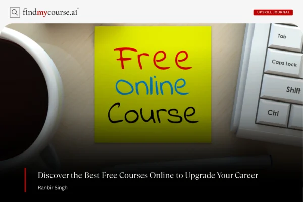 Free online course written on paper with computer and coffee on table for free courses guide — Findmycourse.ai