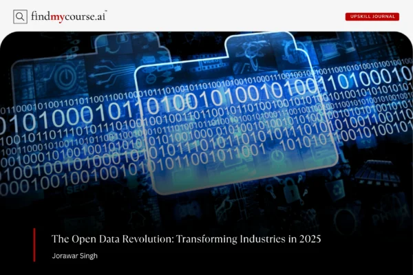 Digital illustration of a database with binary code and icons denoting open data — Findmycourse.ai