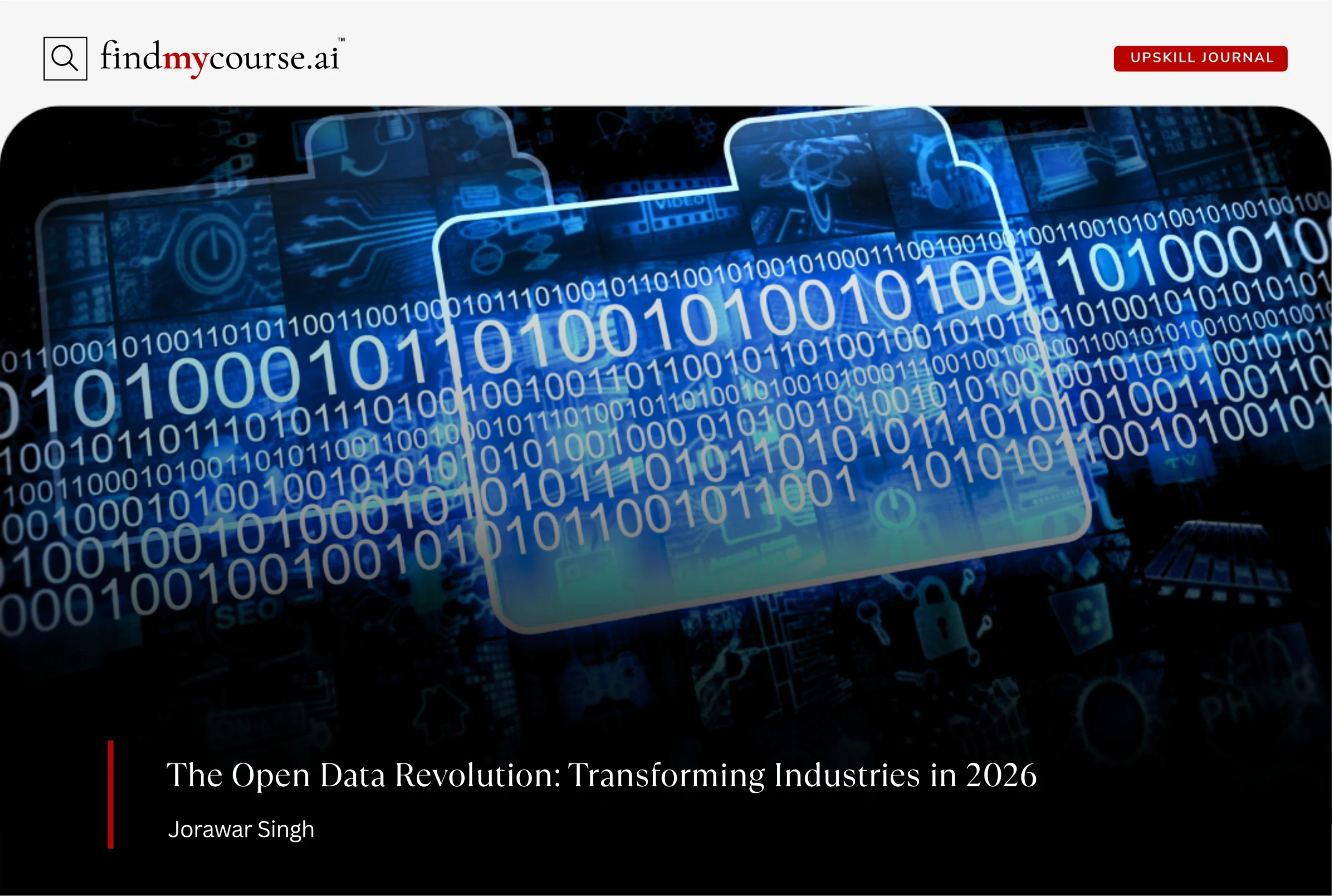 Digital illustration of a database with binary code and icons denoting open data — Findmycourse.ai
