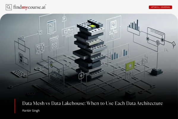 Abstract Visual of Data Architecture highlighting Data Mesh vs Data Lakehouse — Findmycourse.ai