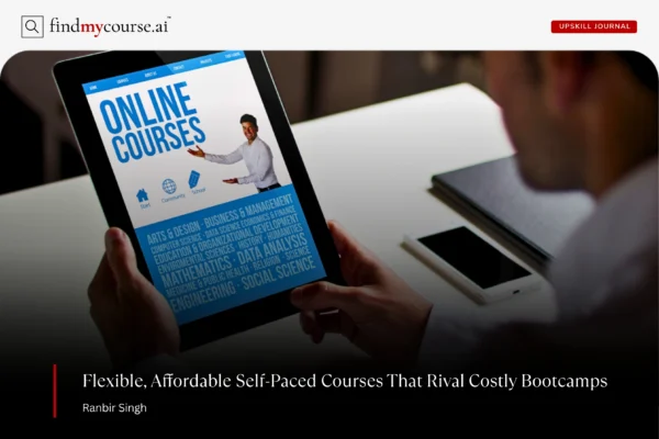 A person checking online courses on a tab highlighting self paced tech courses — Findmycourse.ai