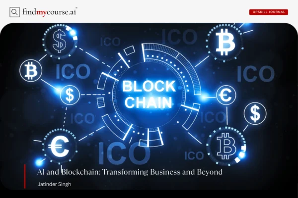AI and Blockchain concept shown with digital symbols — Findmycourse.ai