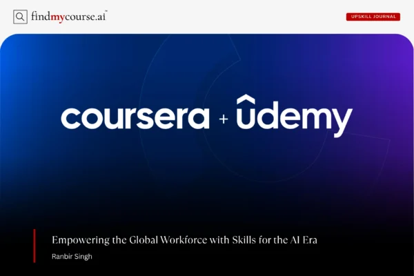 Coursera+Udemy written on blue-colored banner depicting Coursera and Udemy merger — Findmycourse.ai