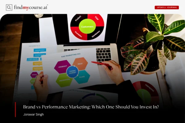 Manager holding a promotion plan denoting brand marketing vs performance marketing — Findmycourse.ai