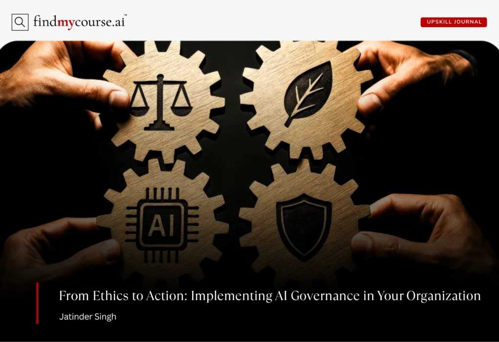 Hands holding wooden gears with icons of AI and laws representing AI governance — Findmycourse.ai