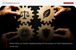 Hands holding wooden gears with icons of AI and laws representing AI governance — Findmycourse.ai