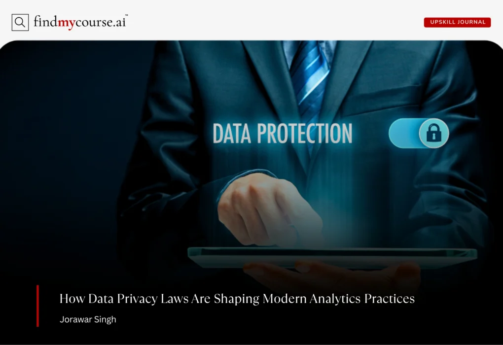 Data protection concept with person holding a computer, denoting data privacy laws — Findmycourse.ai