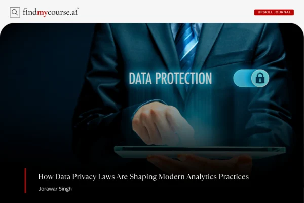 Data protection concept with person holding a computer, denoting data privacy laws — Findmycourse.ai