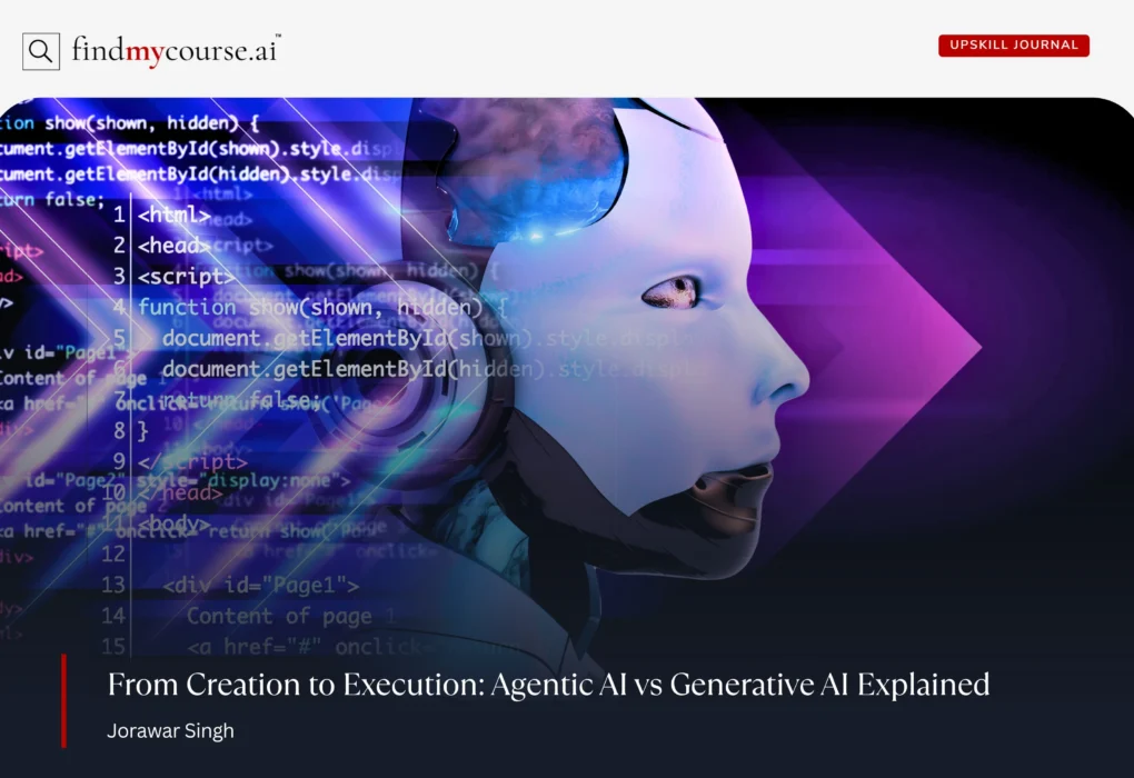 Digital visual showing Ai Agent and coding representing agentic AI vs generative Ai — Findmycourse.ai