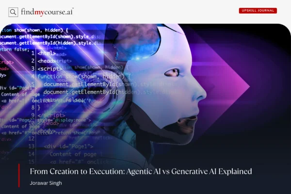Digital visual showing Ai Agent and coding representing agentic AI vs generative Ai — Findmycourse.ai
