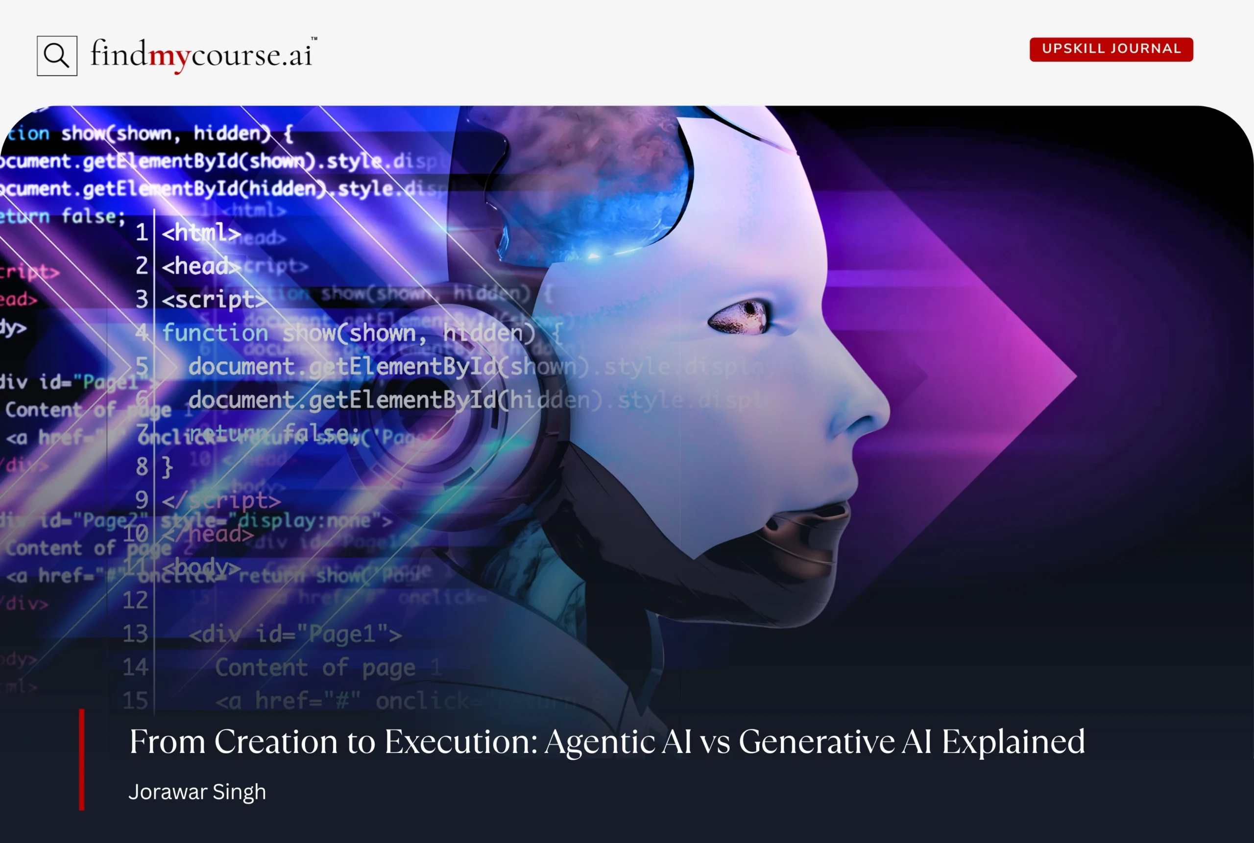 Digital visual showing Ai Agent and coding representing agentic AI vs generative Ai — Findmycourse.ai