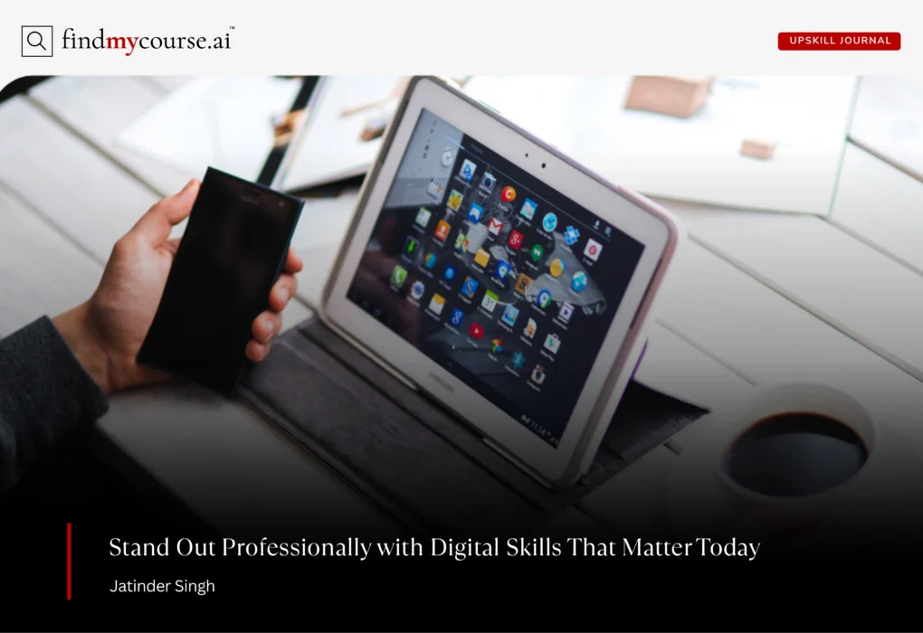 Person using tablet and smartphone denoting essential digital skills to learn — Findmycourse.ai