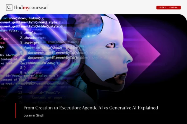 Digital visual showing Ai Agent and coding representing agentic AI vs generative Ai — Findmycourse.ai