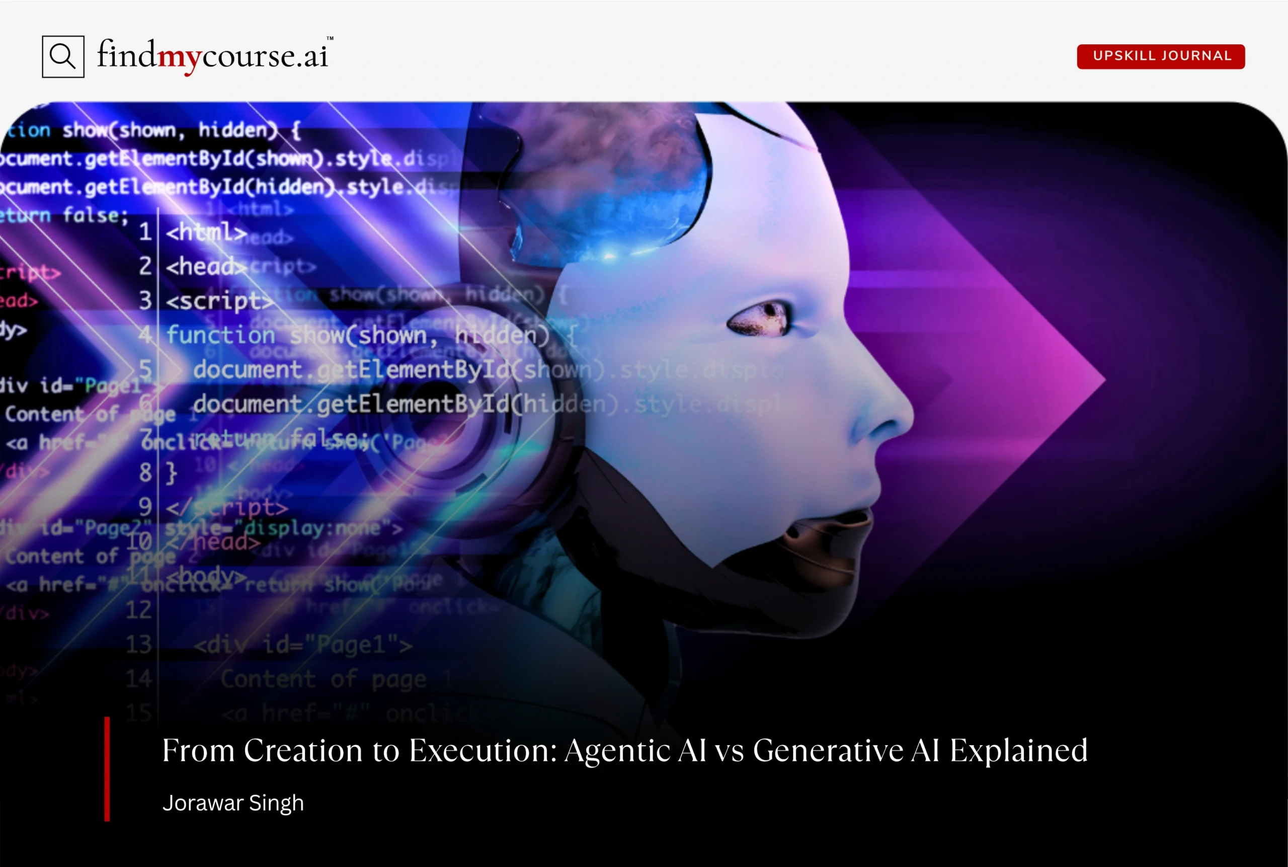 Digital visual showing Ai Agent and coding representing agentic AI vs generative Ai — Findmycourse.ai