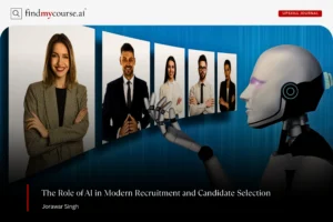 Robot choosing human candidate on virtual screen highlighting role of AI in HR — Findmycourse.ai